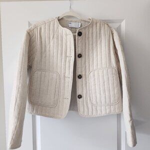 (NEW + TAGS) ASOS DESIGN linen crop collarless quilted jacket in oatmeal